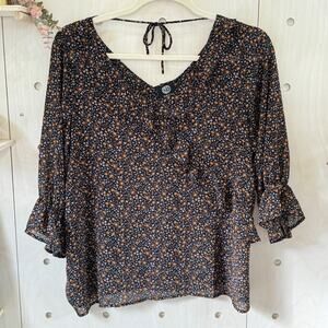 BOBEAU Ditsy Floral Ruffled Chiffon Blouse Size 1X Back Tie Neck Top 3/4 Sleeve